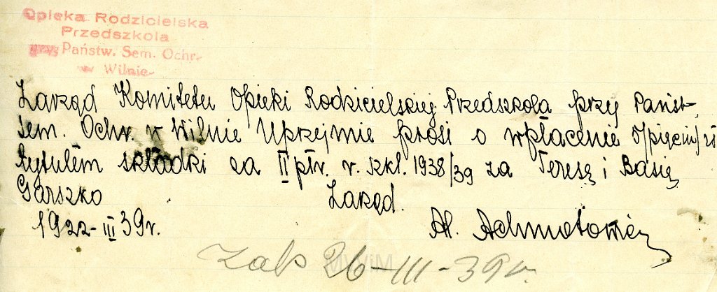 KKE 5702-2.jpg - Dok. Prośby Komitetu Opieki Rodzicielskiej dotycząca wpłaty na komitet za Terese Graszko, Wilno, 1937/1939 r.